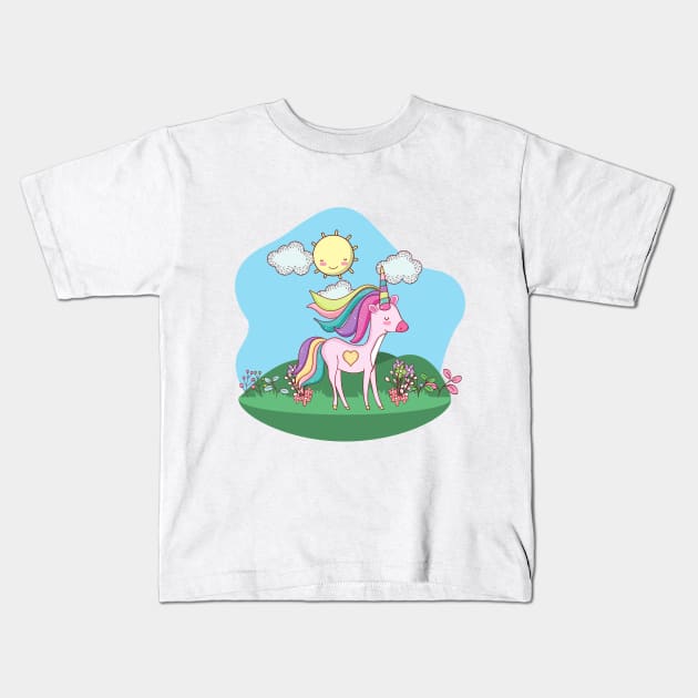 Cute Little Unicorn With Heart Standing In a Field On a Sunny Day Kids T-Shirt by Vegan Squad